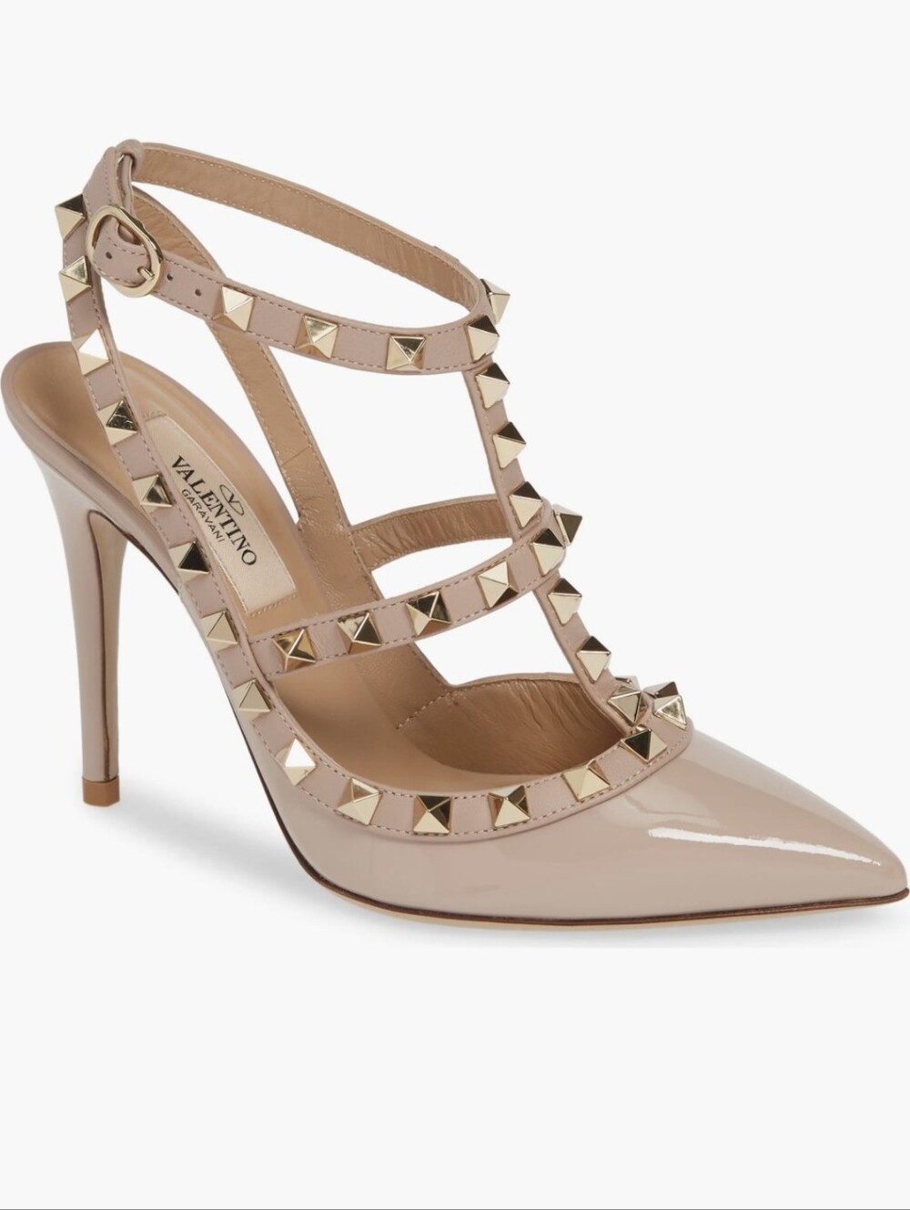 Valentino Garavani Rockstud T-Strap Pointed Toe Pump In Poudre Poudre